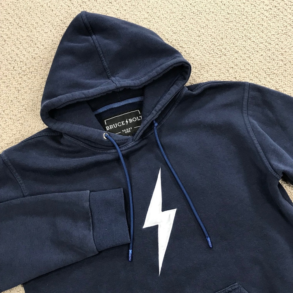 Bruce Bolt Navy Blue Lightning Bolt Logo Hoodie Sweatshirt Mens Small